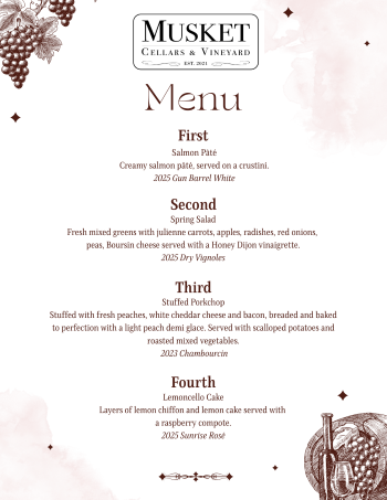 Musket Cellars & Vineyard Four-Course Dinner Menu.