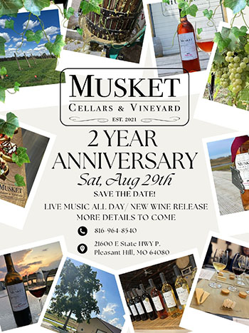 Flyer advertising Musket Cellars & Vineyard's two year anniversary