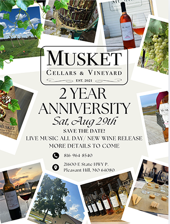Flyer advertising Musket Cellars & Vineyard's two year anniversary
